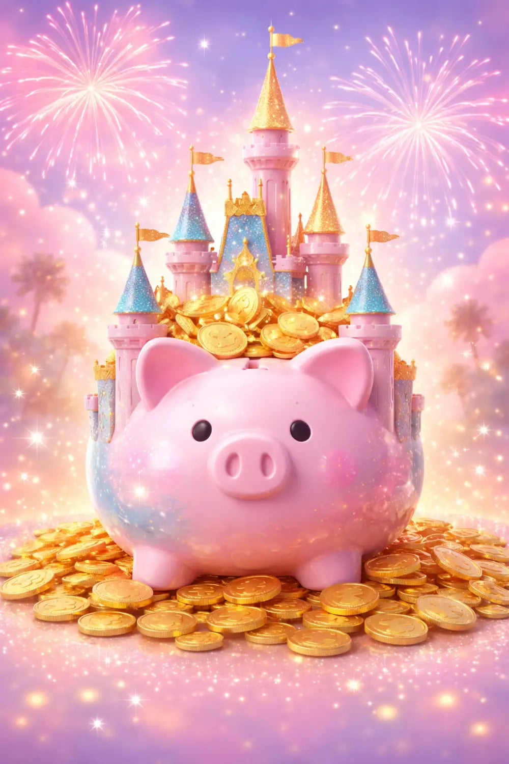 Cinderella's castle piggy bank with coins and fireworks, symbolizing saving for a budget-friendly Disney vacation in 2026.