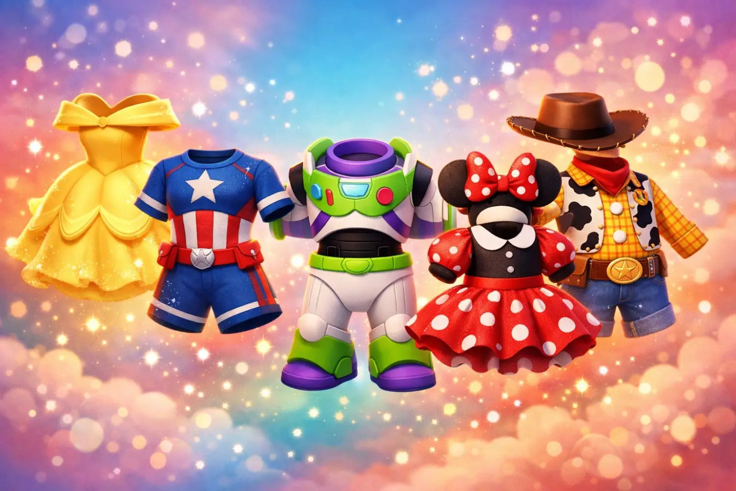 Disney character-inspired outfit ideas including Belle, Marvel, and Pixar themes