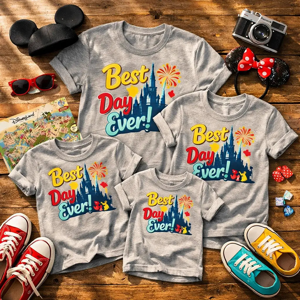 Matching Disney family graphic tees displayed with park accessories and Mickey ears