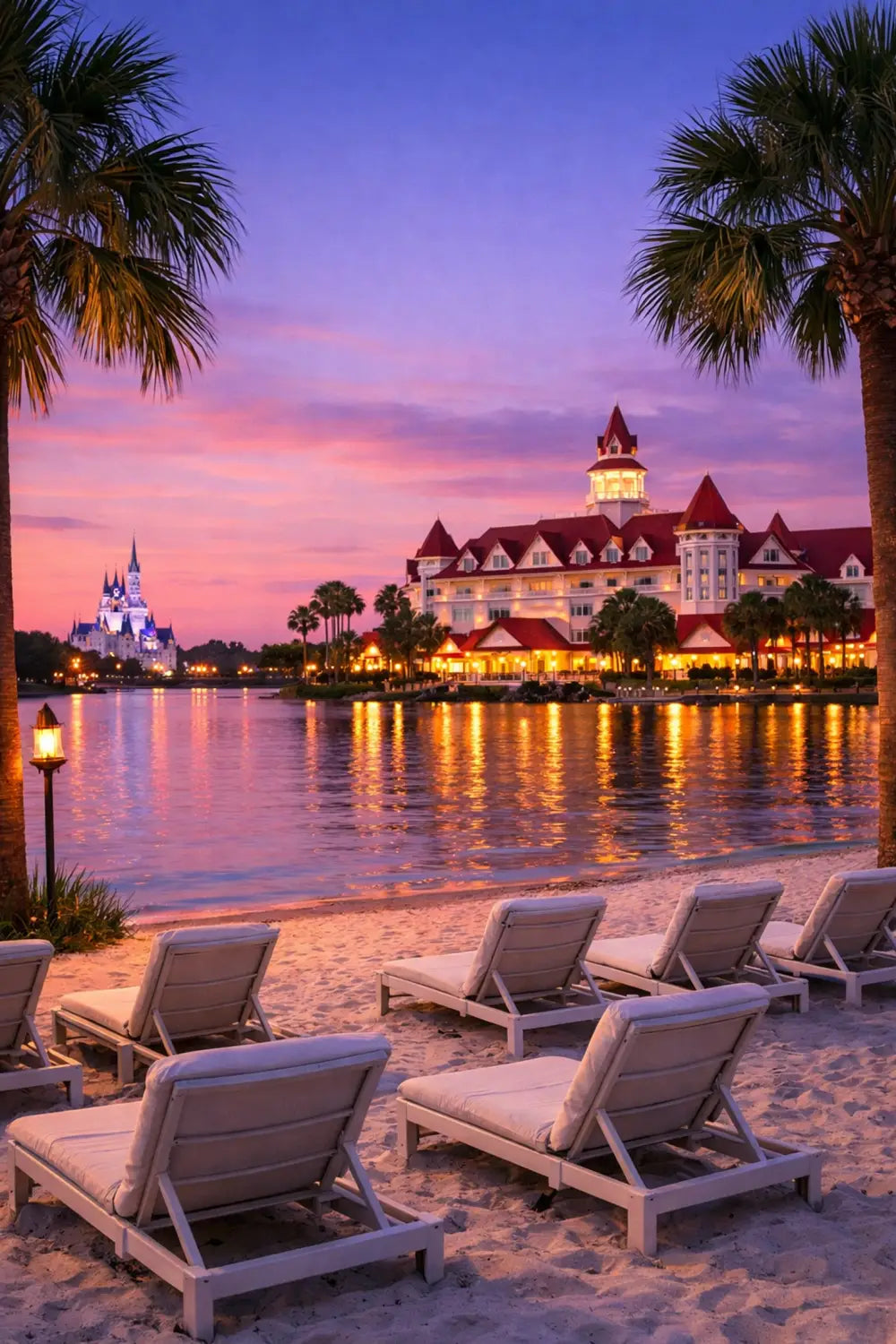 Grand Floridian beach at sunset with Magic Kingdom castle view across Seven Seas Lagoon
