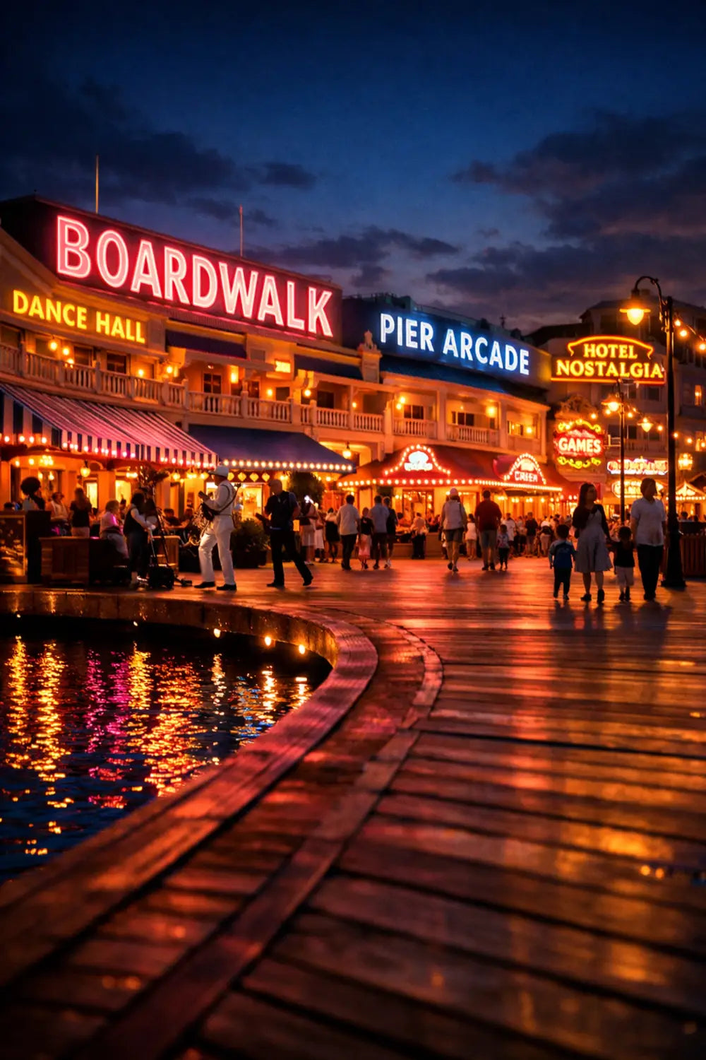 Disney's BoardWalk Inn promenade at night with vintage neon signs and street performers