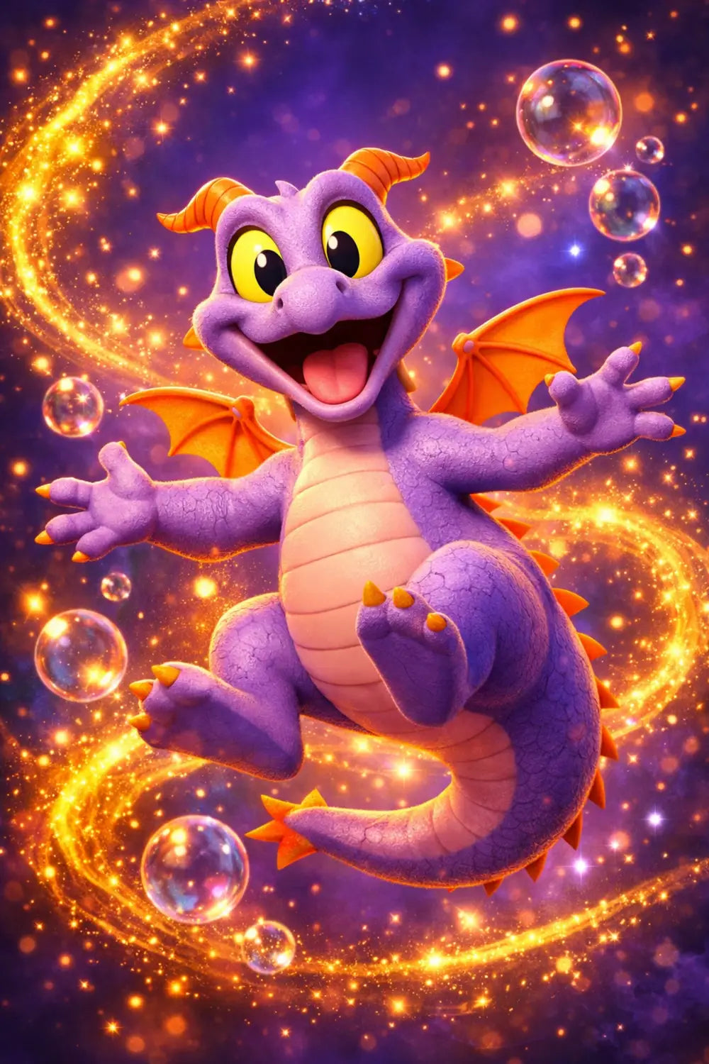 Figment the purple dragon from EPCOT floating amidst magical golden sparks and bubbles of imagination.