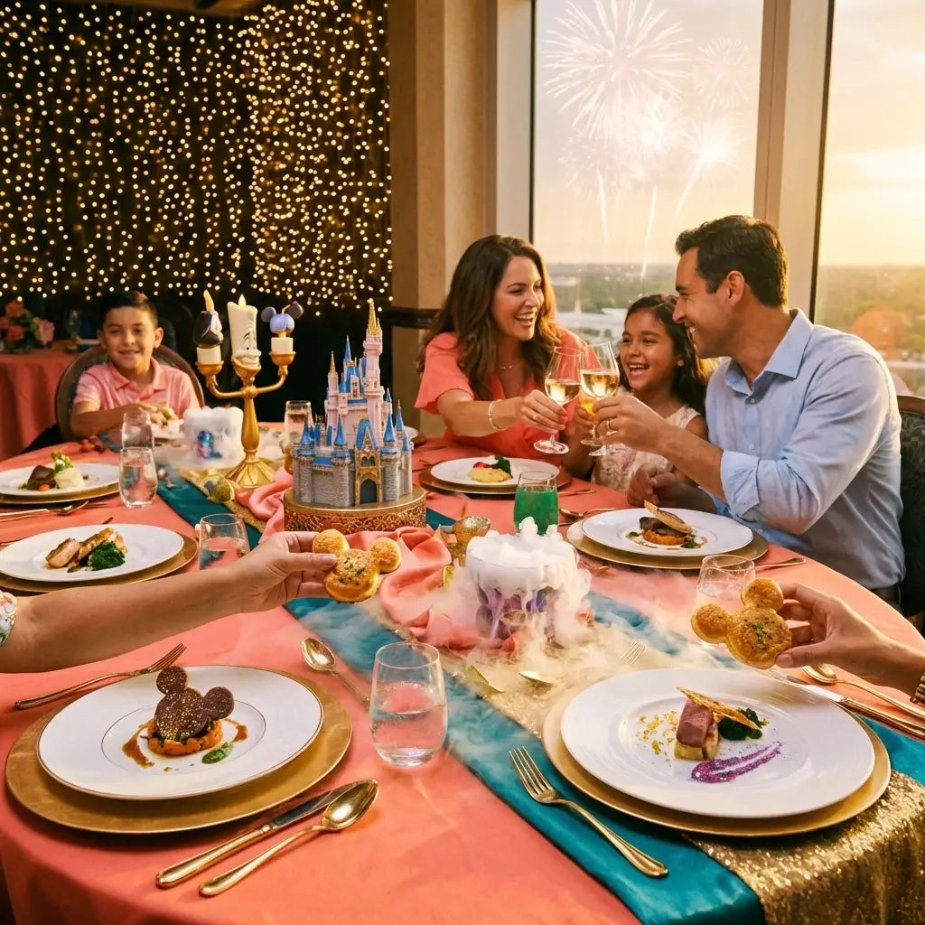 Disney-themed restaurant table setting with gourmet food and magical decor for live entertainment dining