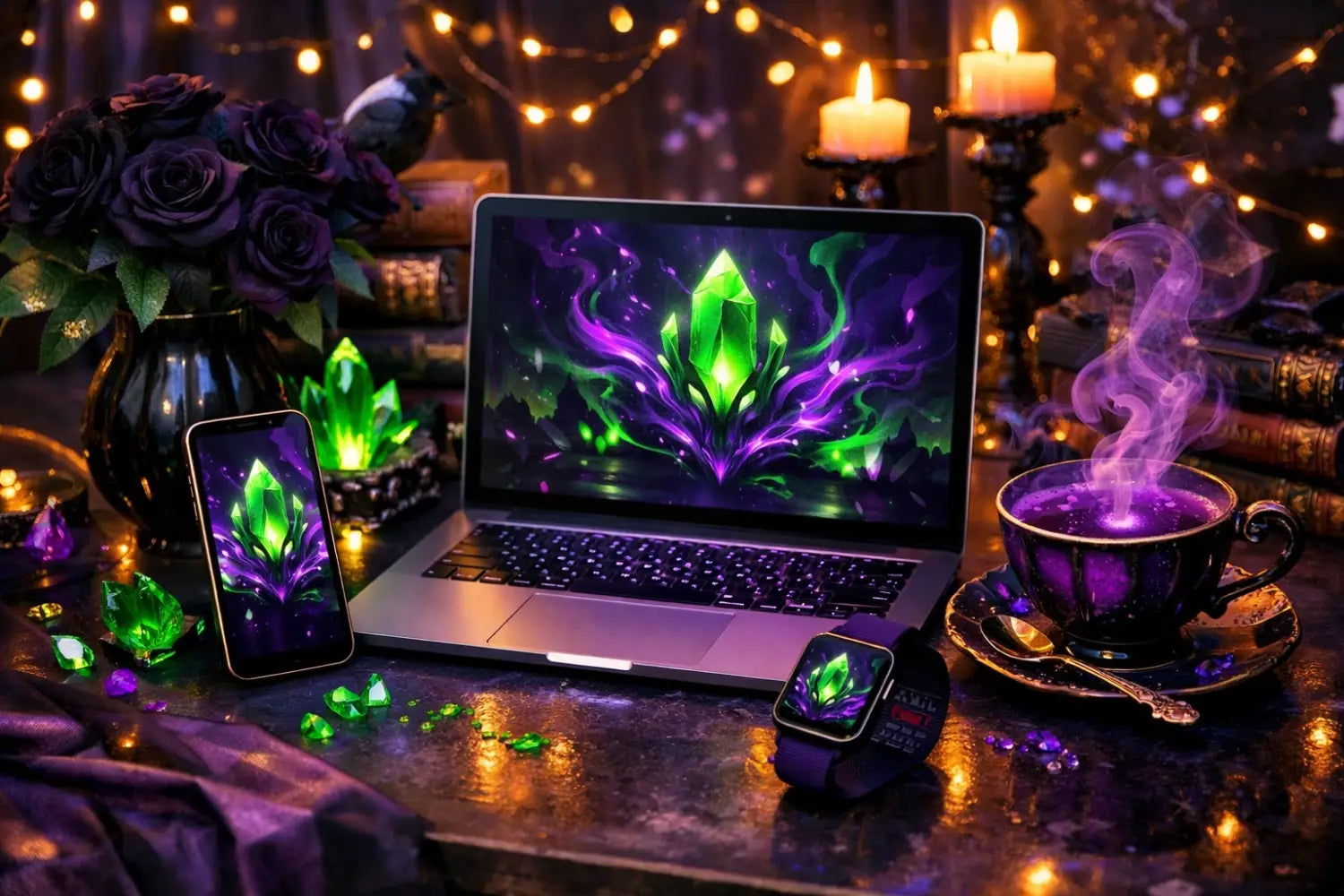 Modern workspace styled with coordinated villain wallpapers on laptop, phone, and smartwatch devices