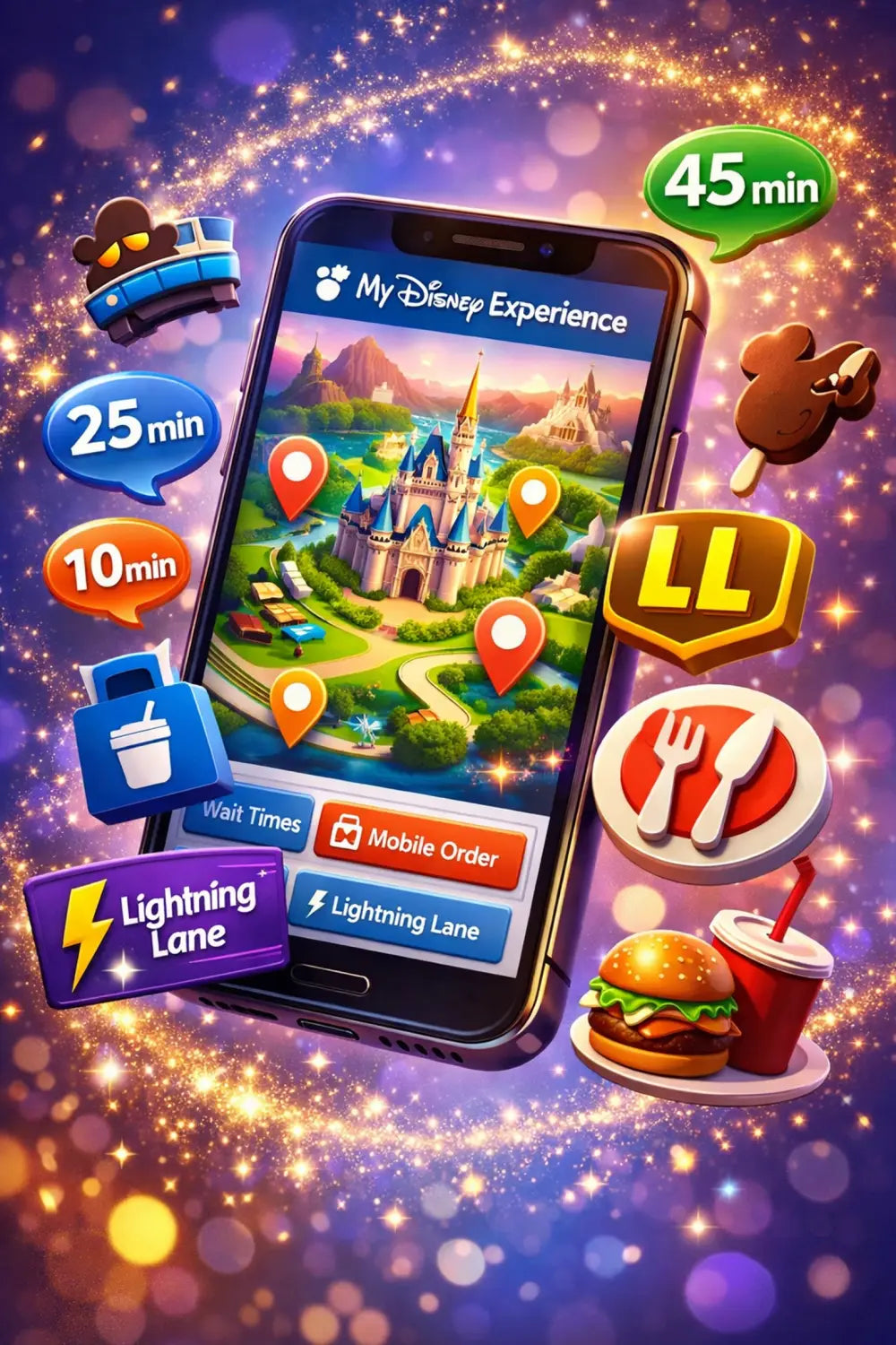 My Disney Experience app displaying park map with wait times and Lightning Lane features for trip planning