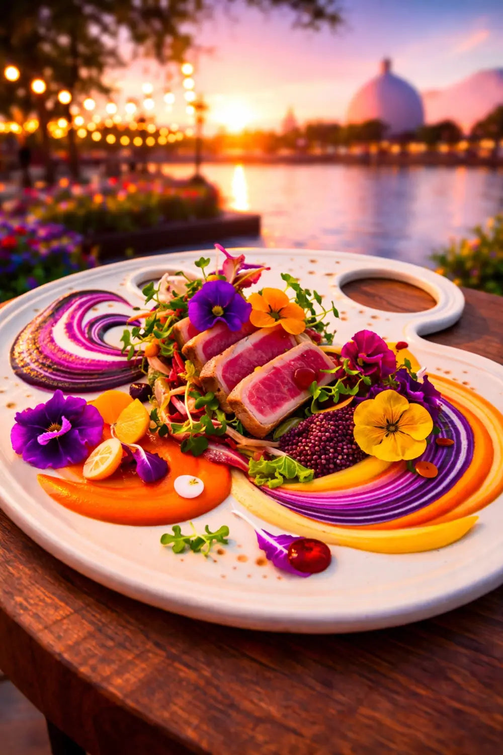 Artfully plated EPCOT food studio dish with vibrant edible flowers and colorful sauces at the Festival of the Arts