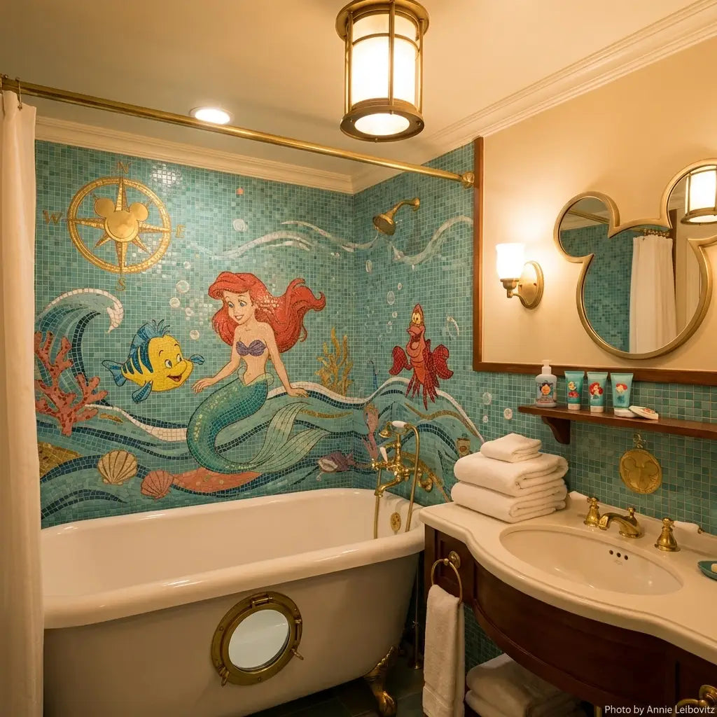 Disney Treasure stateroom bathroom featuring character-themed mosaic tiles and nautical details