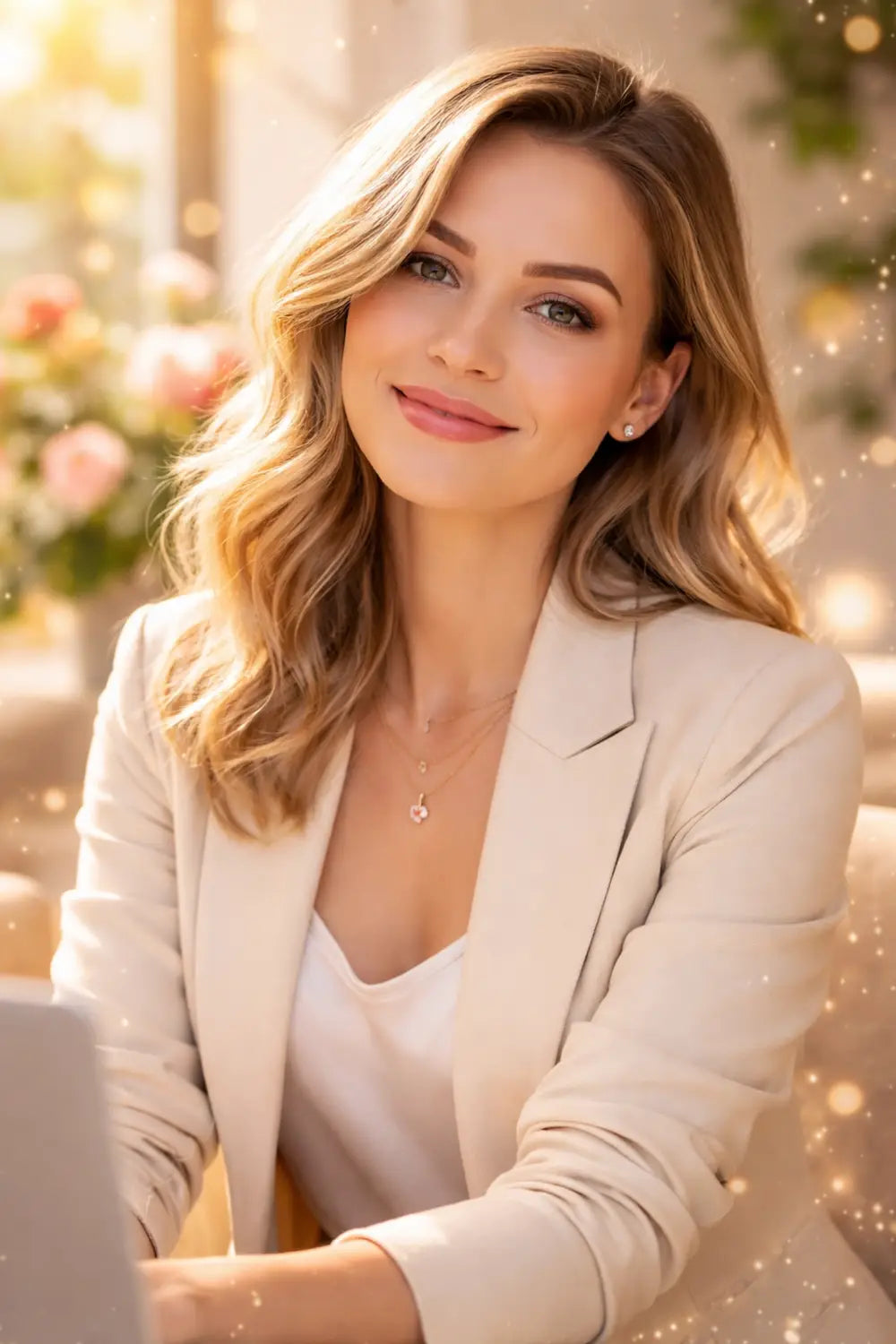 Confident woman in blazer wearing subtle rose charm necklace and studs, embodying magical Disney style for the workplace.