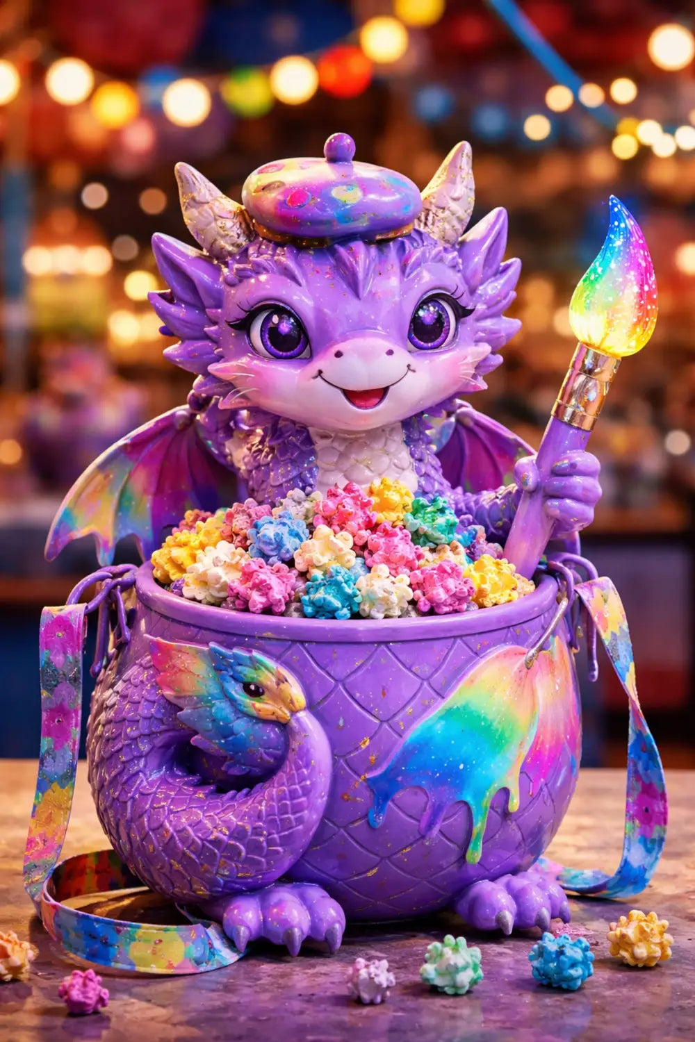Collectible Figment popcorn bucket with rainbow popcorn at EPCOT's Inspiration Station, a must-find purple dragon Disney treat
