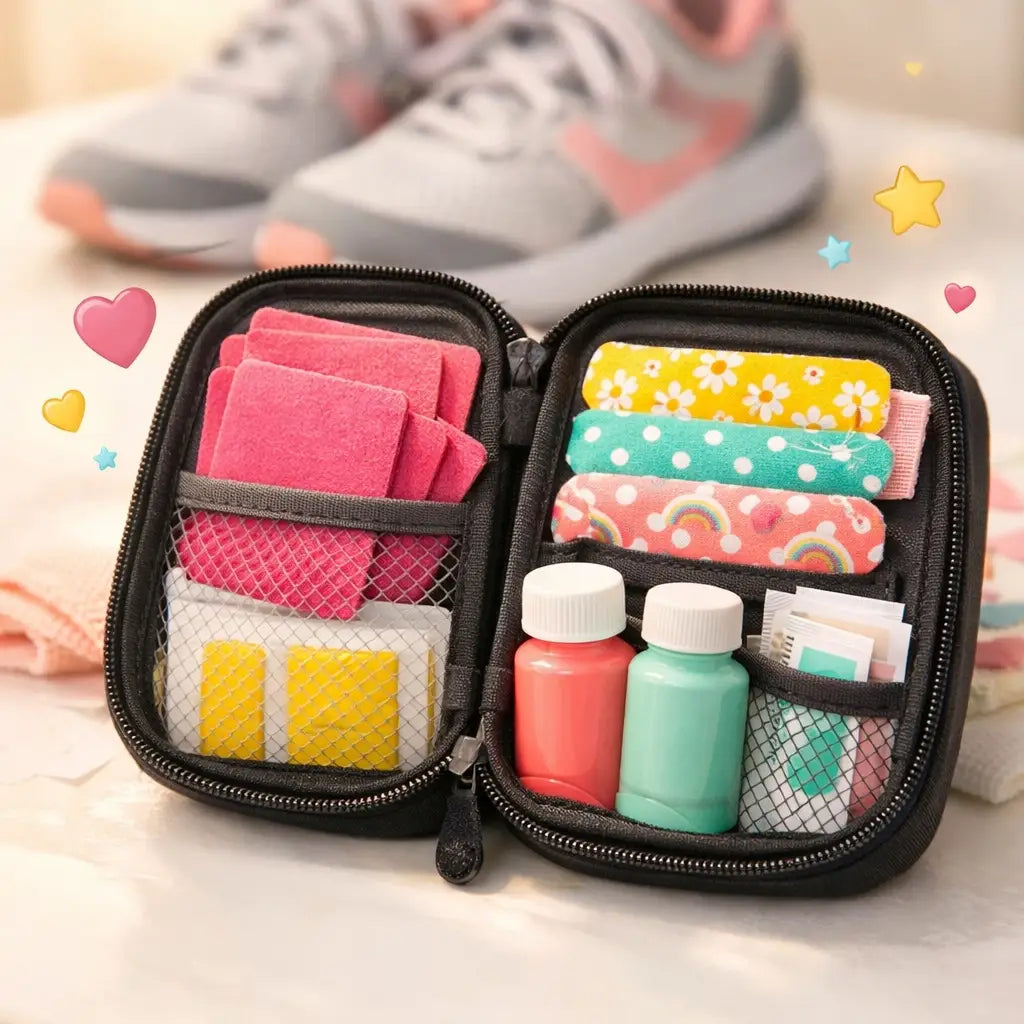 Compact first aid kit with moleskin patches and bandages to prevent blisters at Disney World