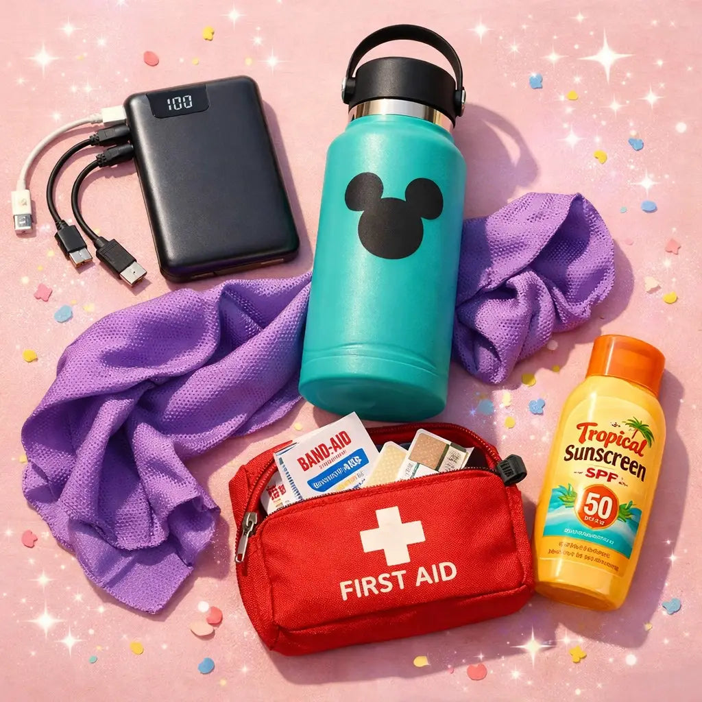 Essential Disney park bag items including portable charger, water bottle, cooling towel, first aid kit, and sunscreen