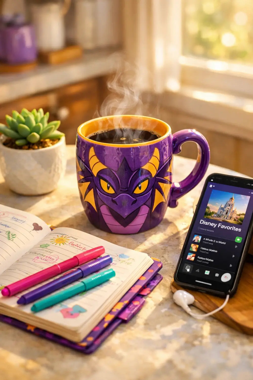 Disney morning routine with Figment mug, coffee, journal and plants on kitchen counter