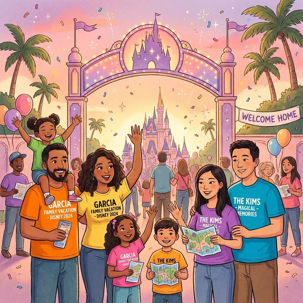 Excited families gathered at a Disney park entrance, starting their group adventure with magical savings and togetherness.