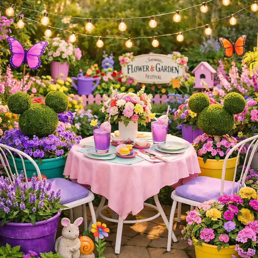 Disney-inspired home garden with purple flowers and festival decor