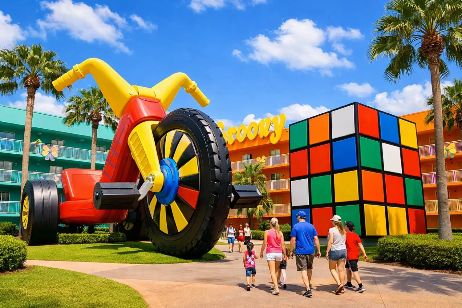 Giant Big Wheel and Rubik's Cube sculptures at Disney's Pop Century Resort with retro 1970s theming
