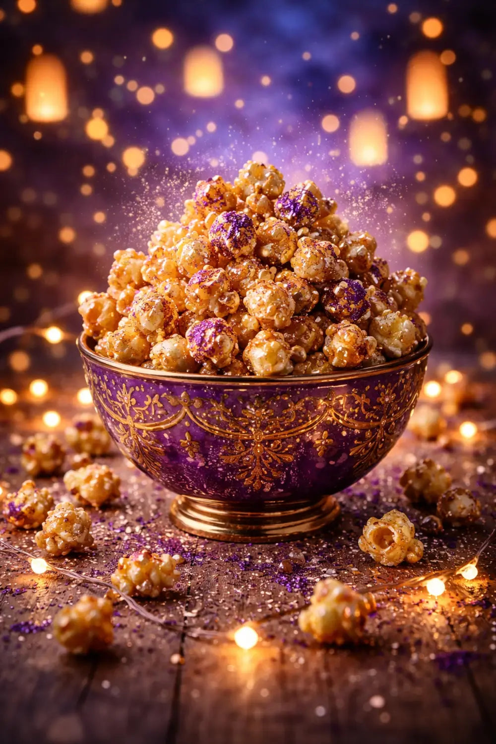 Golden caramel popcorn with edible glitter in a decorative bowl, inspired by Tangled's floating lanterns