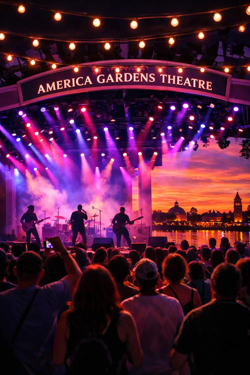 Garden Rocks Concert Series at EPCOT's America Gardens Theatre at sunset
