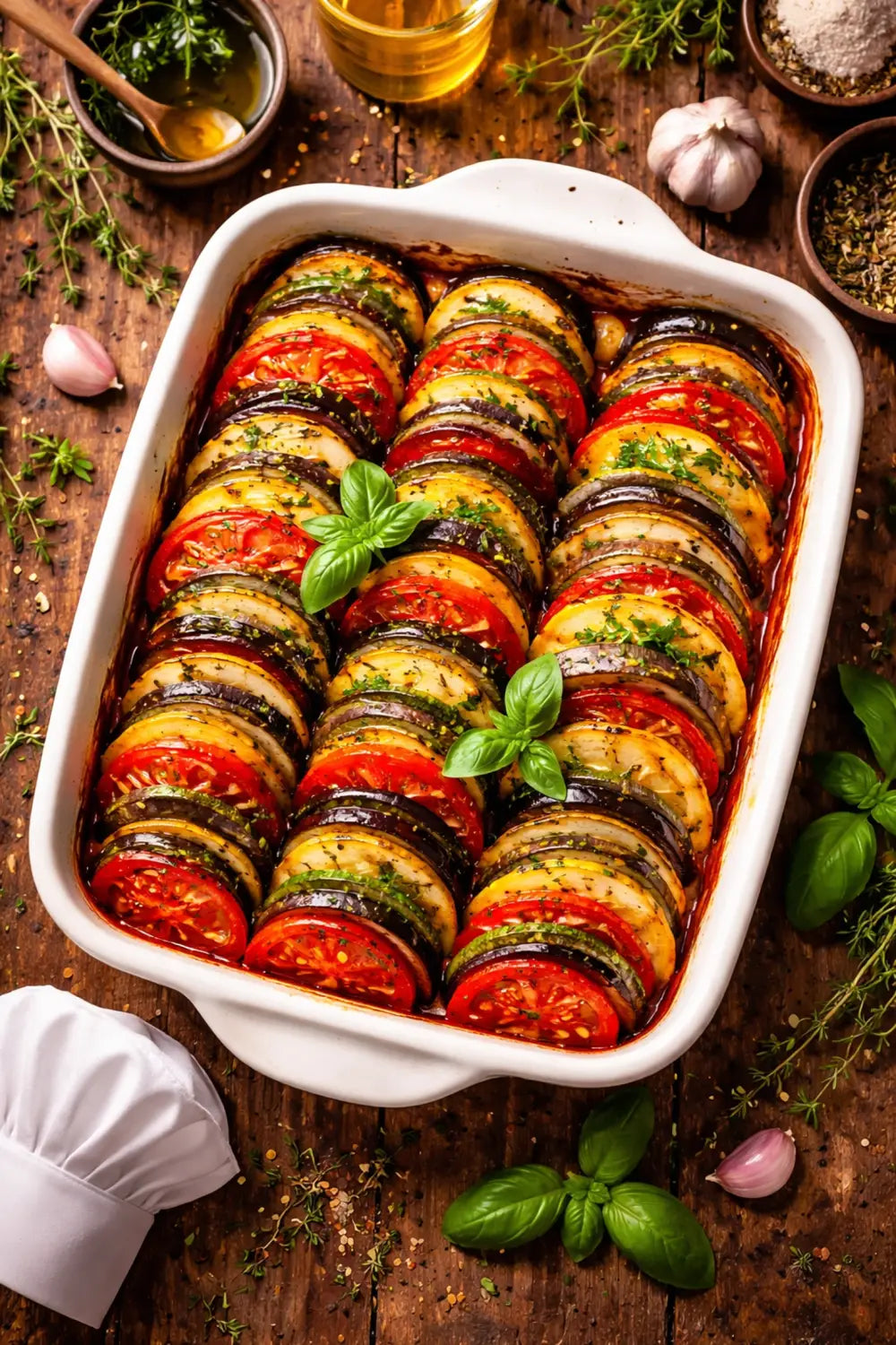Beautifully arranged ratatouille inspired by Disney's Ratatouille, featuring layered vegetables in a white baking dish