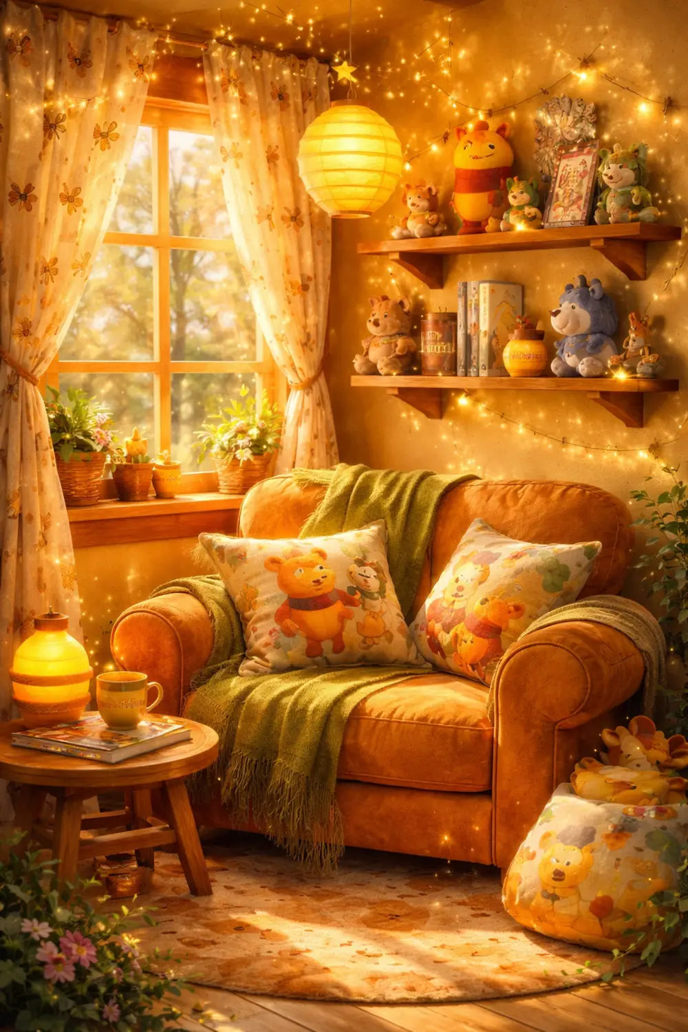 Cozy living room nook styled with Winnie the Pooh decor and honey-gold accents for Disney home inspiration