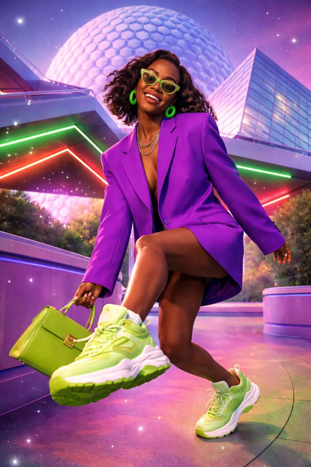Fashionable person in purple blazer and lime accessories inspired by Figment at a vibrant retro EPCOT backdrop