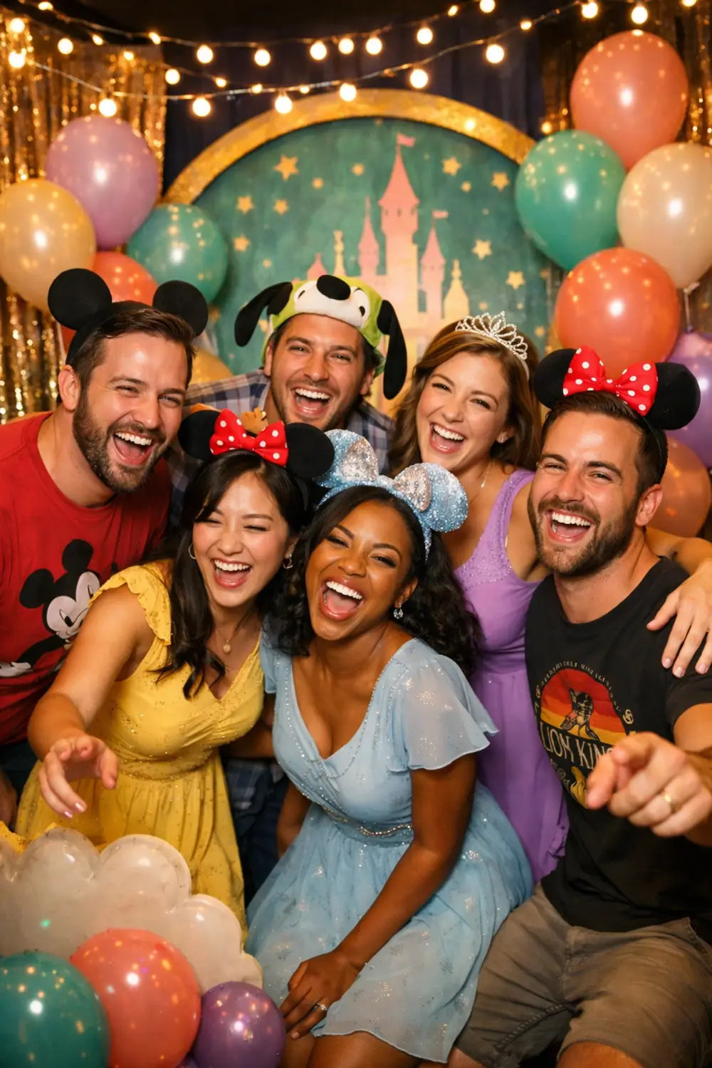 Adults enjoying Disney-themed birthday party photo booth with fun props and decorations