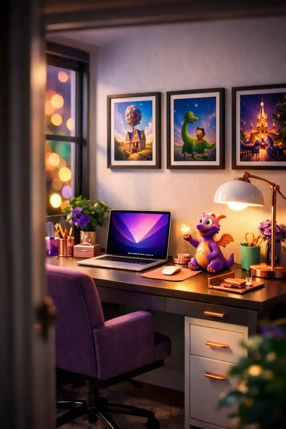 Home office workspace featuring Disney decor and Figment figurine