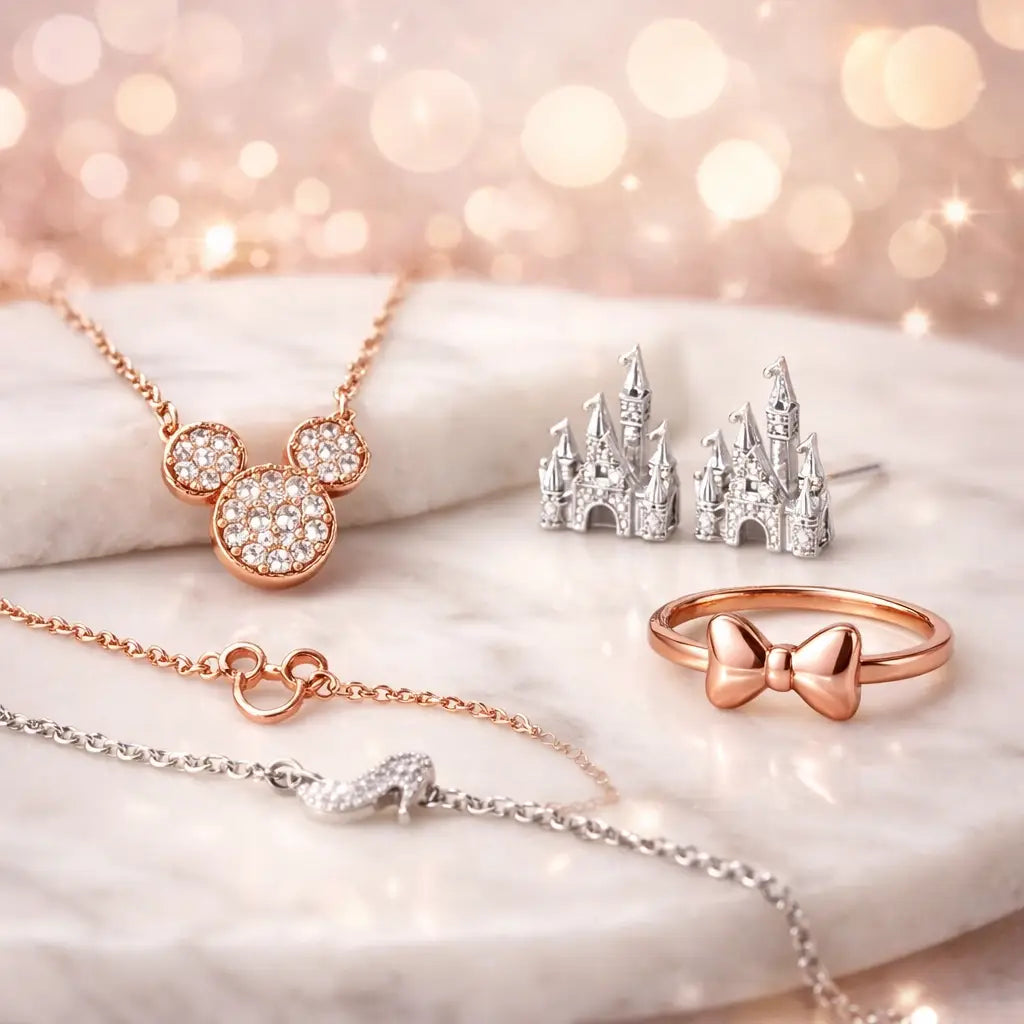 Delicate Disney jewelry for adults including Mickey necklace, castle earrings, and Minnie bow ring