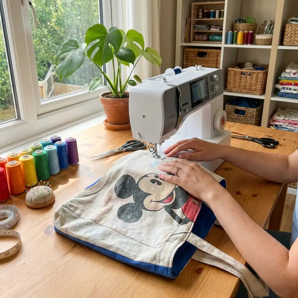 DIY project transforming Disney t-shirt into stylish tote bag on craft table