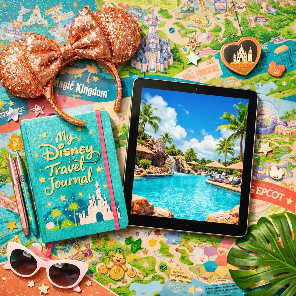 A flat-lay of Disney park maps, rose gold Minnie ears, and a travel journal for vacation planning.