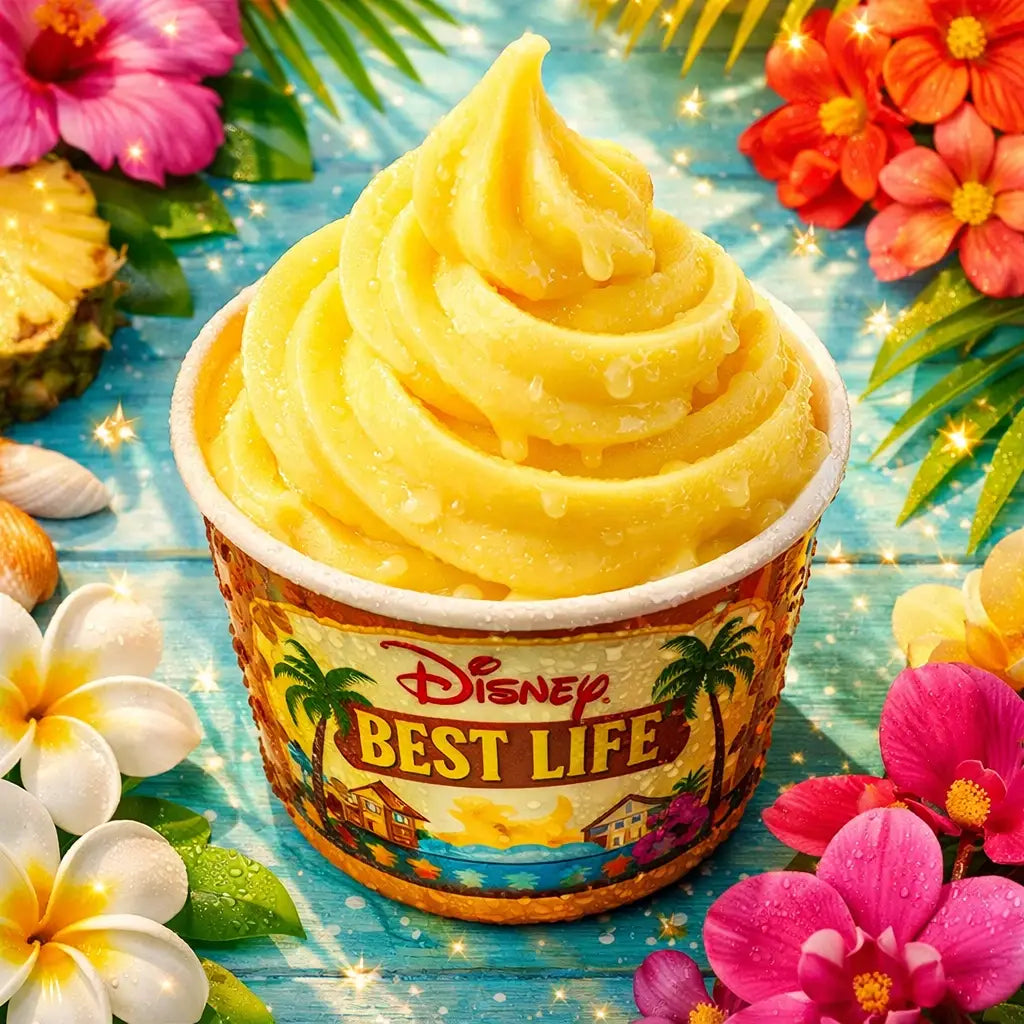 Pineapple Dole Whip soft serve at Disney World Magic Kingdom with tropical background