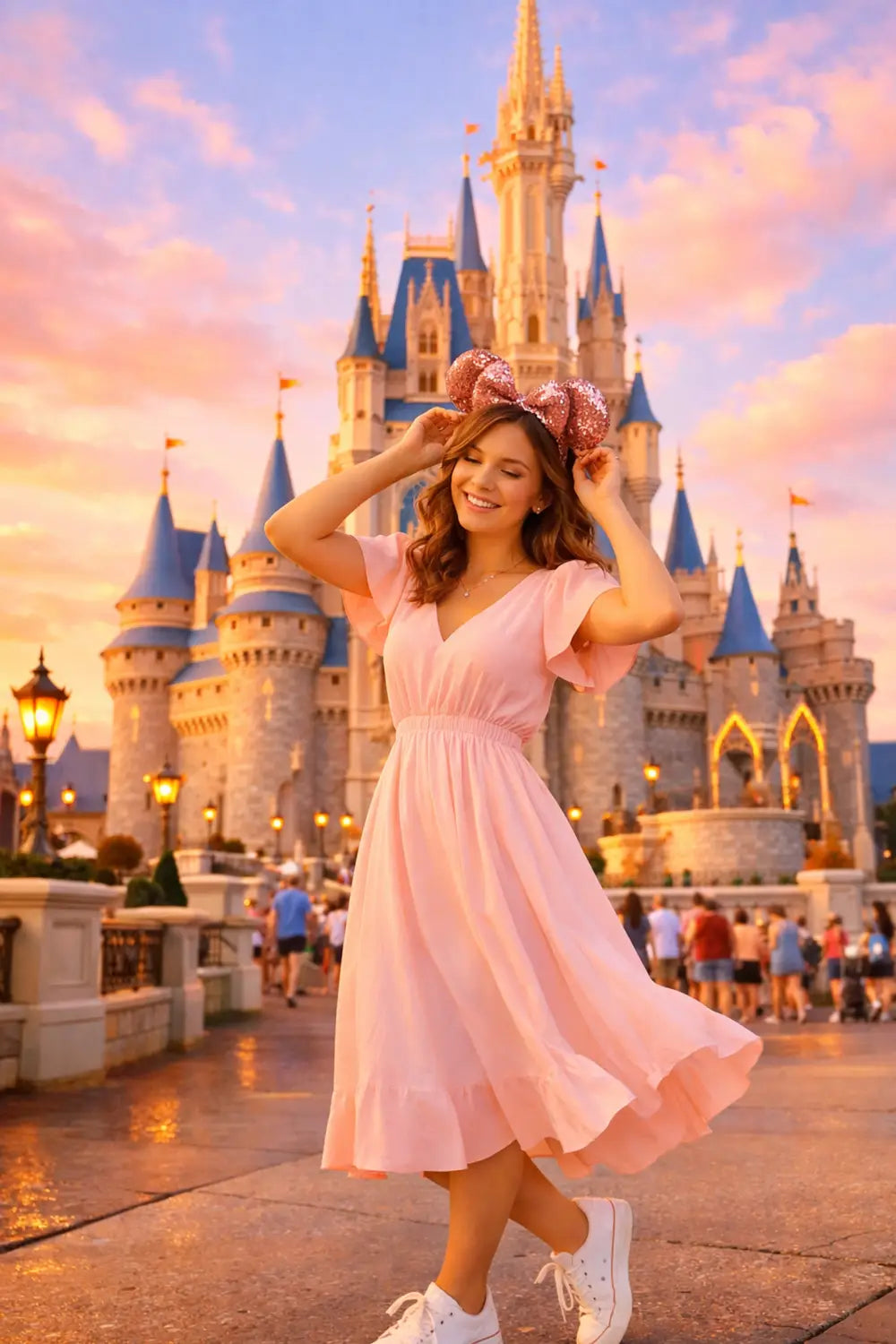 Woman in pastel pink dress adjusting Minnie ears at Magic Kingdom's Cinderella Castle during golden hour