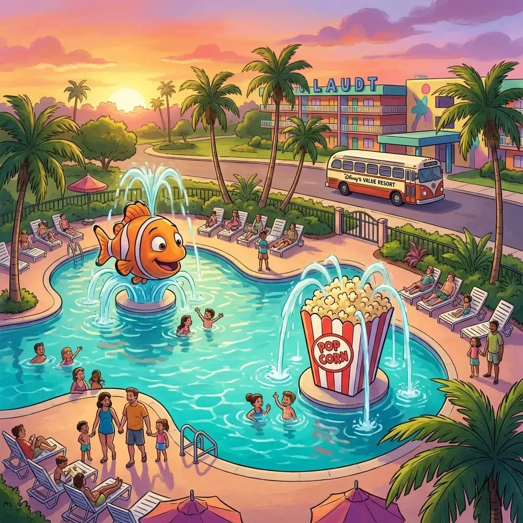 Aerial view of a lively Disney Value resort pool and families, highlighting affordable Disney hotel options for 2026.