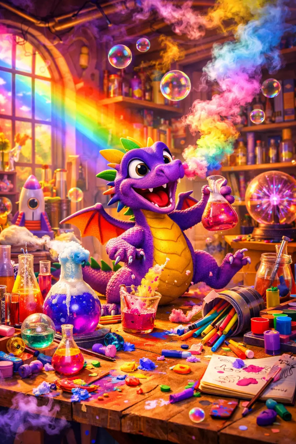 Figment causing playful chaos in imagination laboratory at EPCOT attraction