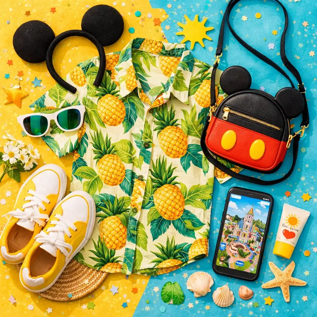 Disney park outfit with tropical print shirt and accessories for Magic Kingdom