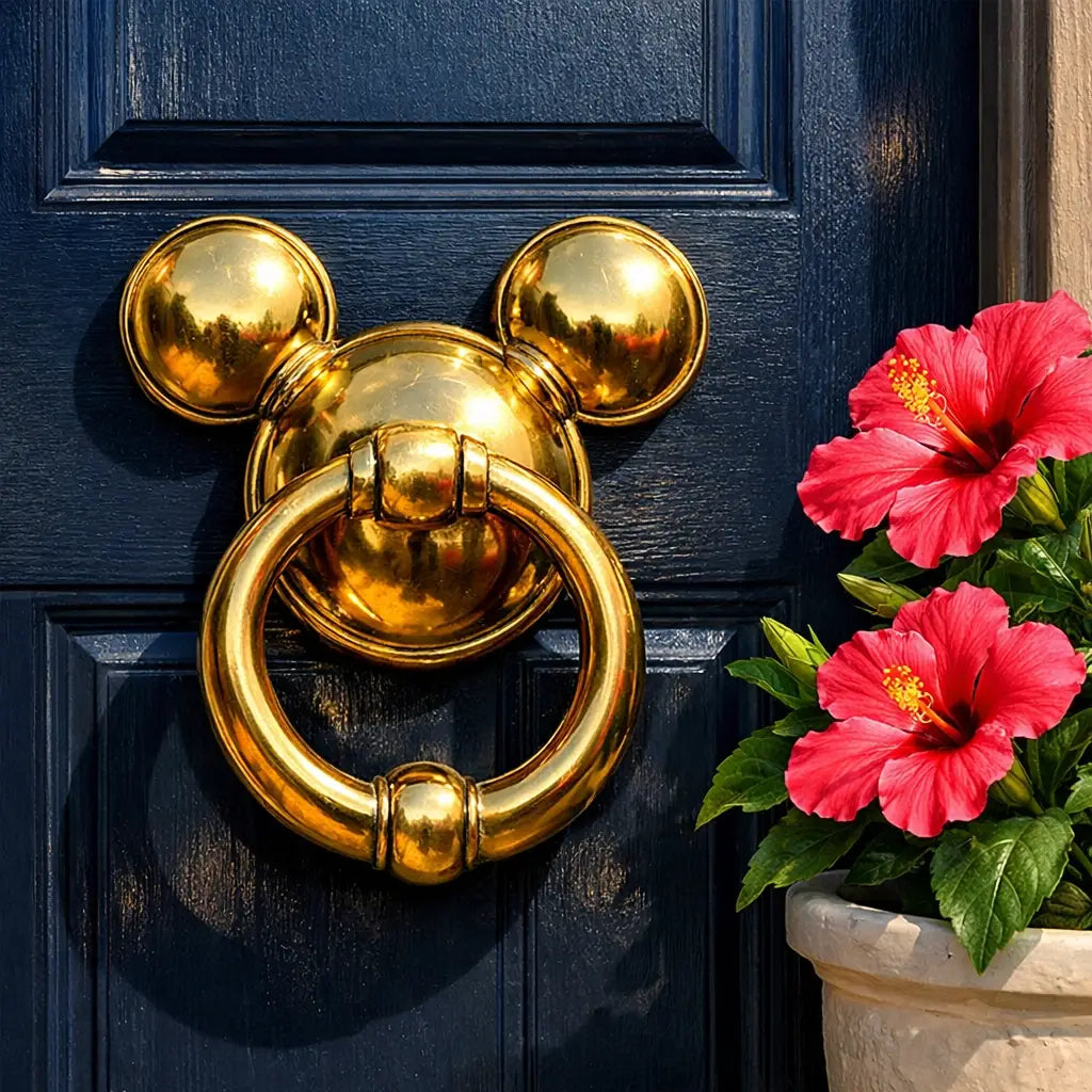 Polished brass Mickey Mouse shaped door knocker on a classic navy blue front door.