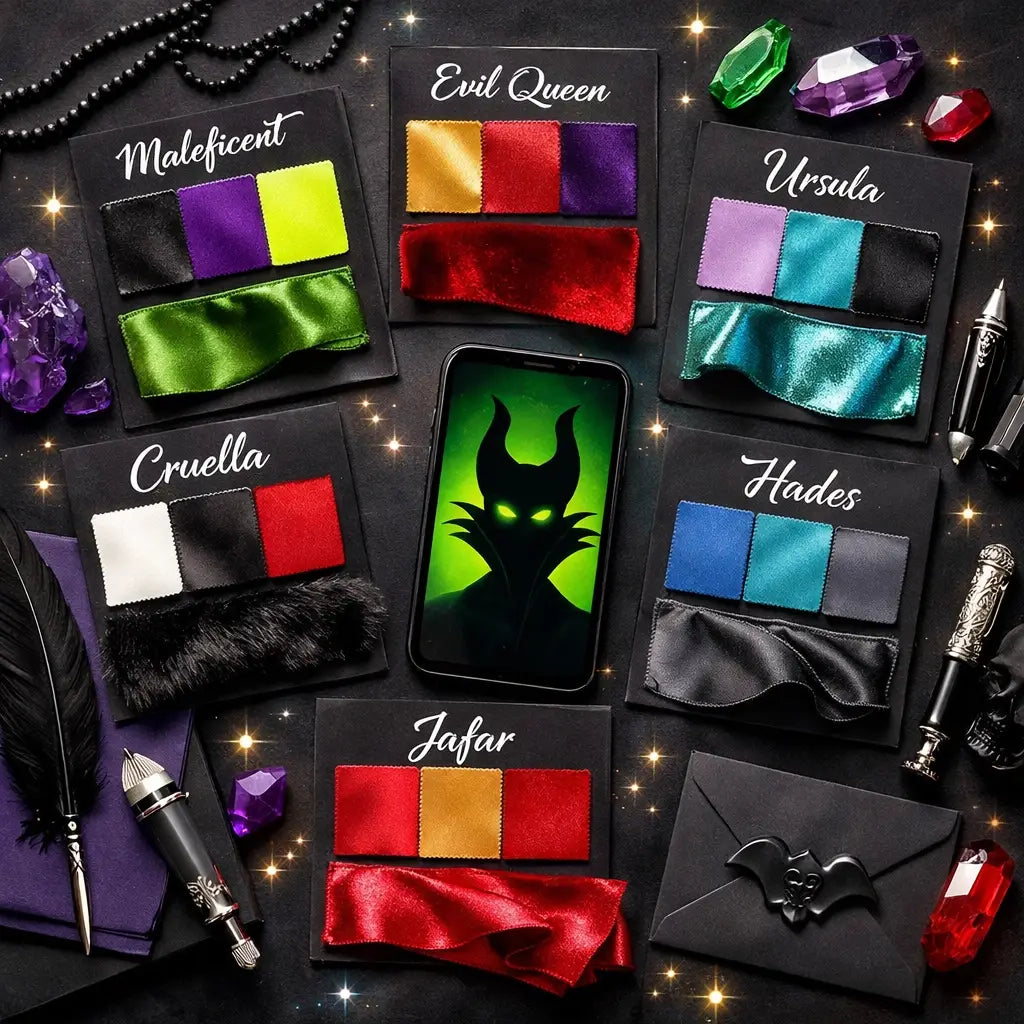 Disney villain color palette swatches featuring purple, green, and red with phone displaying villain wallpaper