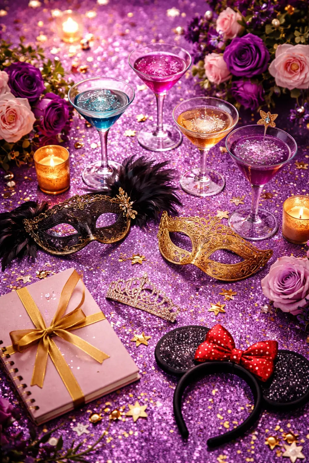 Flat-lay of adult Disney birthday party essentials with masquerade masks, cocktails, Mickey ears, and confetti for a magical celebration