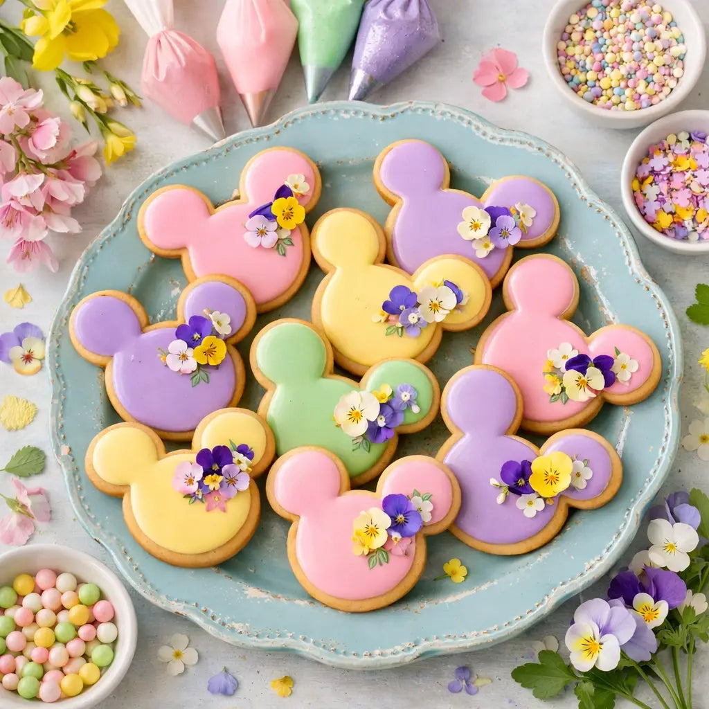 Mickey Mouse-shaped sugar cookies decorated in pastel spring colors with edible flowers