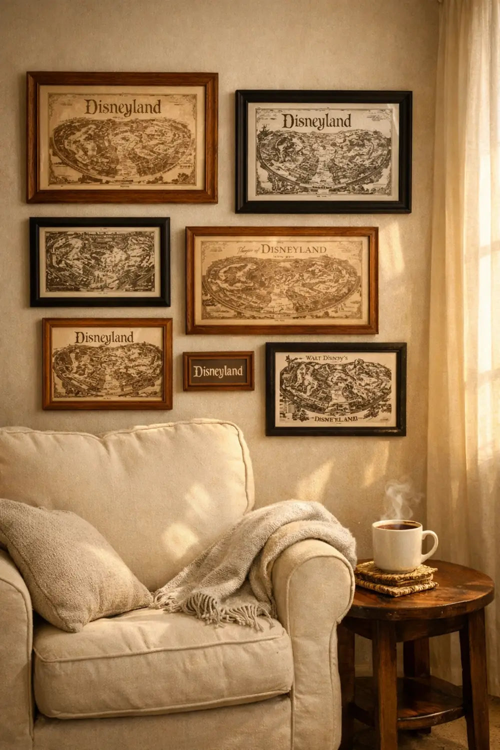 Gallery wall featuring framed vintage Disneyland park maps in sophisticated reading nook