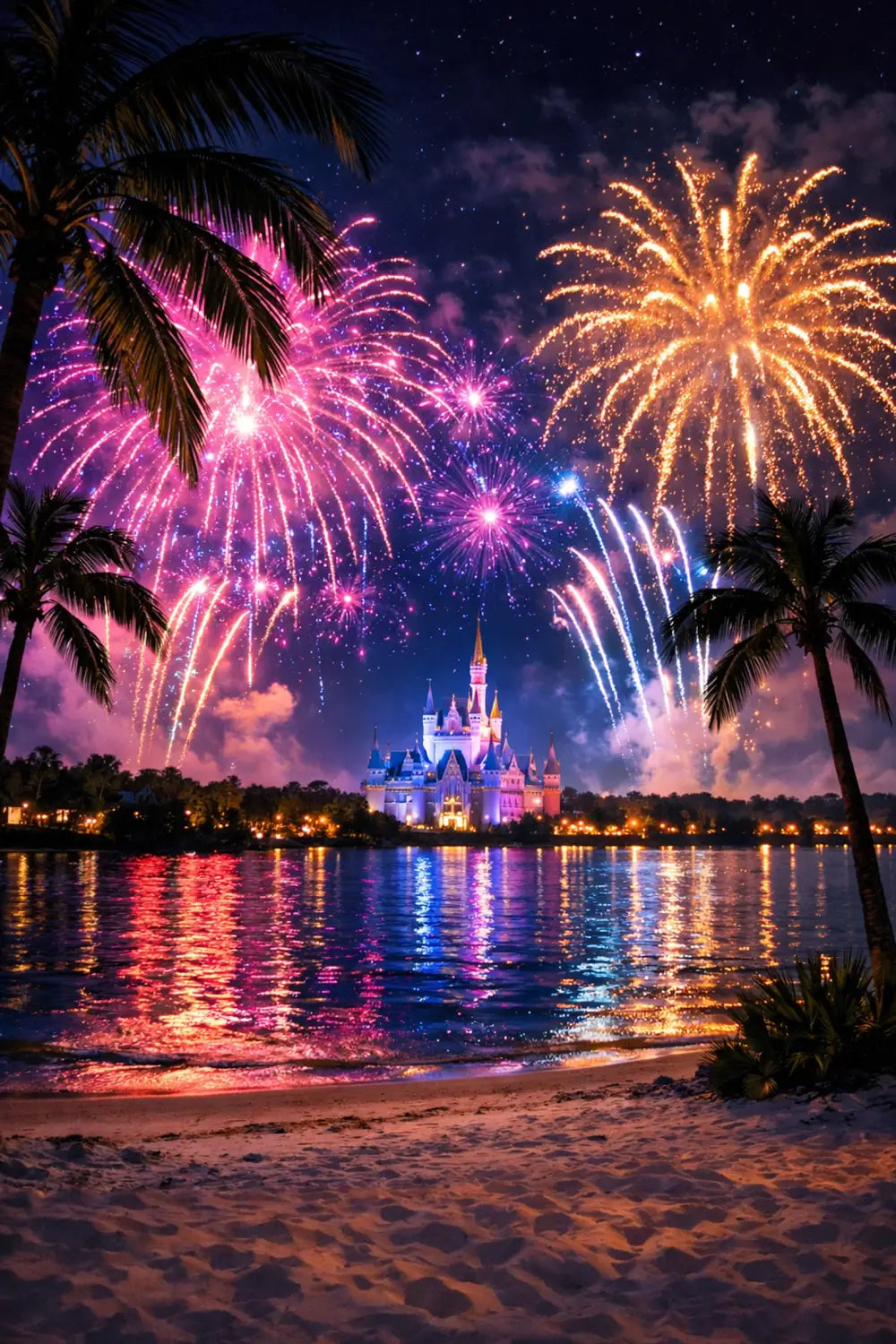 Magic Kingdom fireworks over Cinderella Castle viewed from Disney's Polynesian Village Resort beach