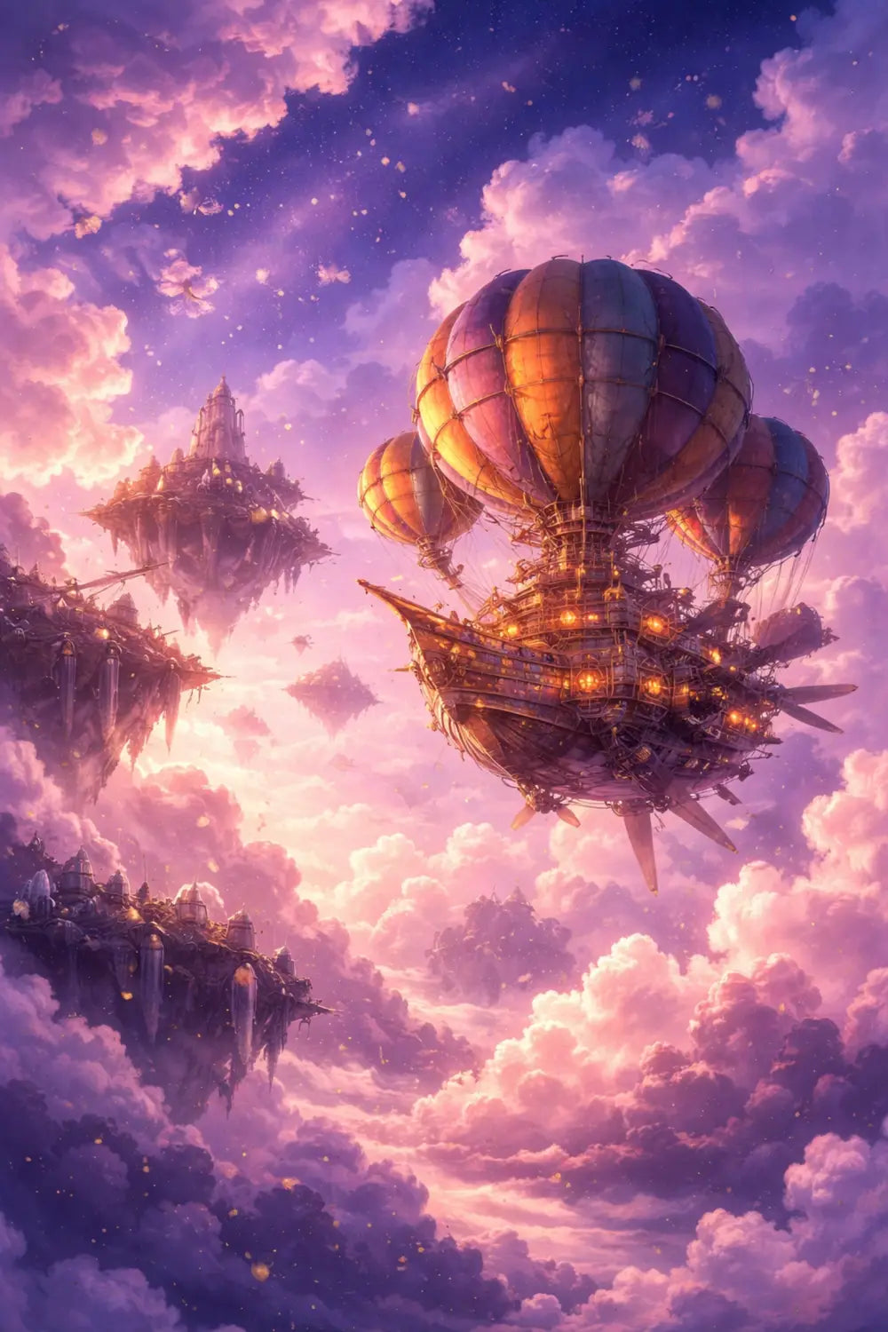 Dreamfinder’s magical airship soars through a fantastical sky, evoking EPCOT’s Journey Into Imagination ride.