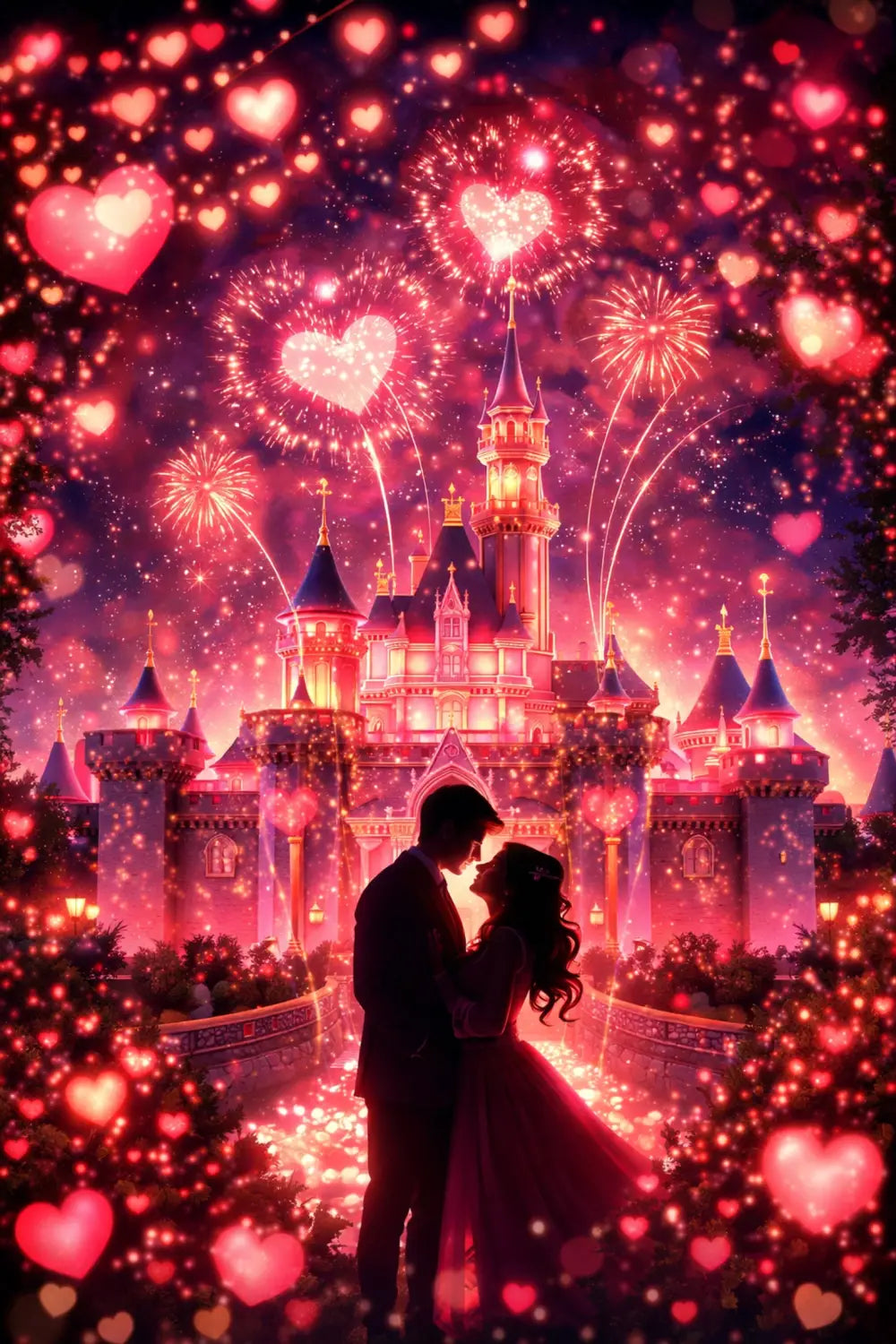 Romantic couple silhouetted against Sleeping Beauty Castle during Disneyland Sweethearts' Nite Valentine's celebration
