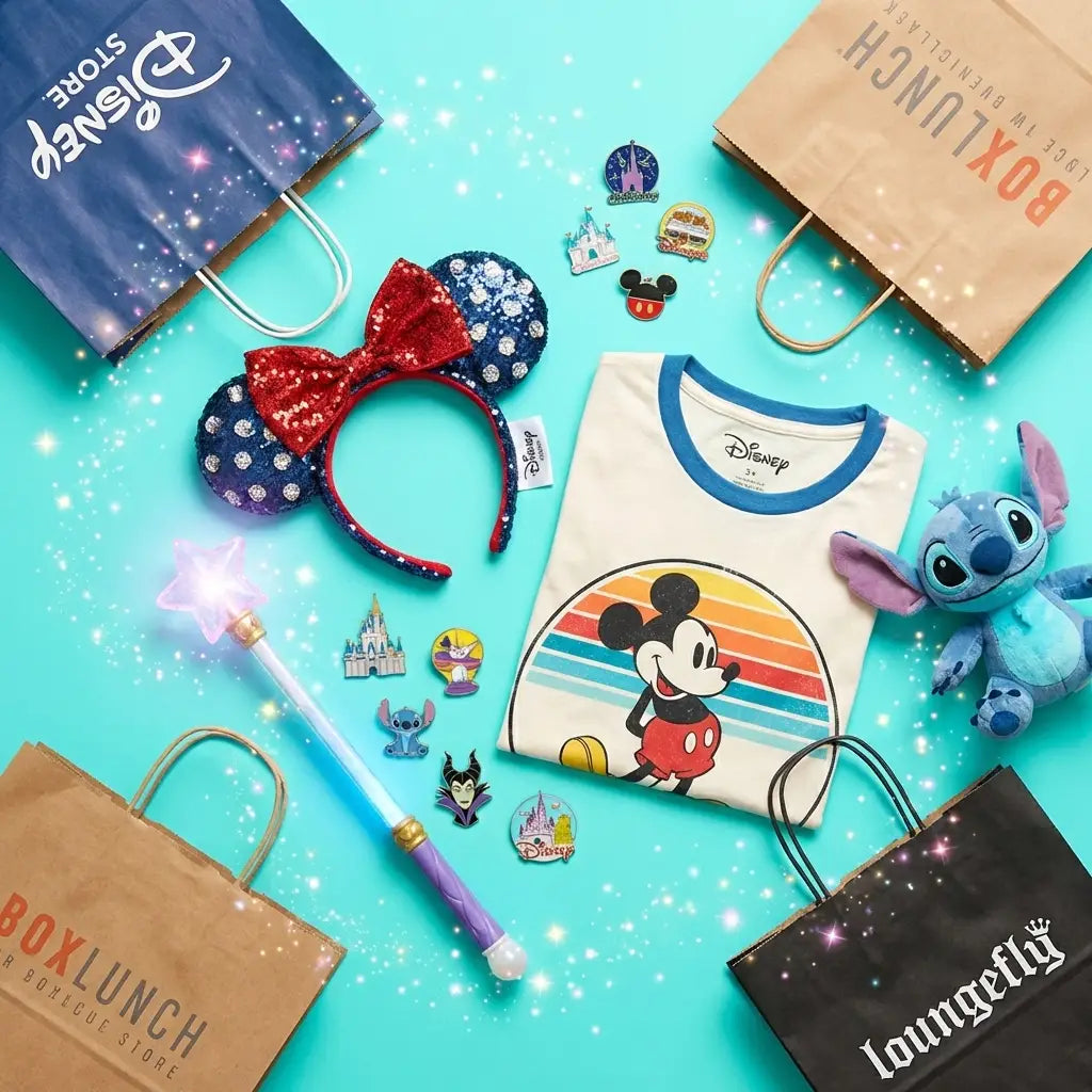 Flat lay of authentic Disney merchandise like Minnie Mouse ears, Mickey t-shirt, and Stitch plush for shopping tips