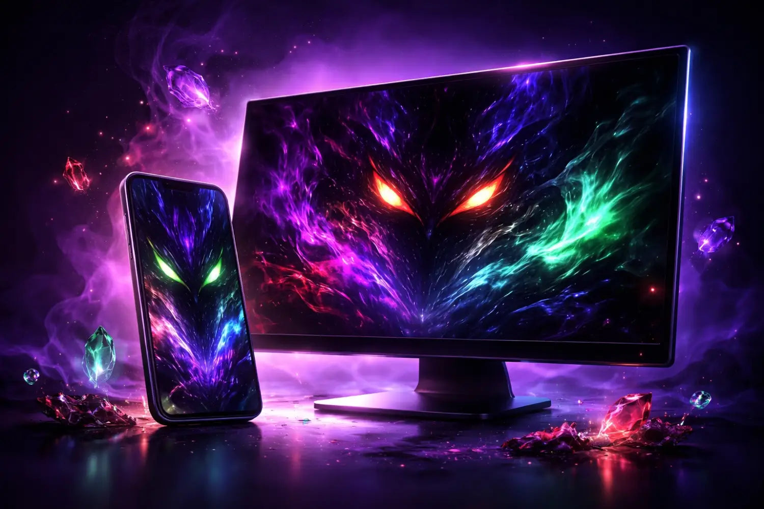 Magical tech setup with glowing screens featuring villain aesthetic backgrounds, highlighting the best Disney villain wallpapers for devices.