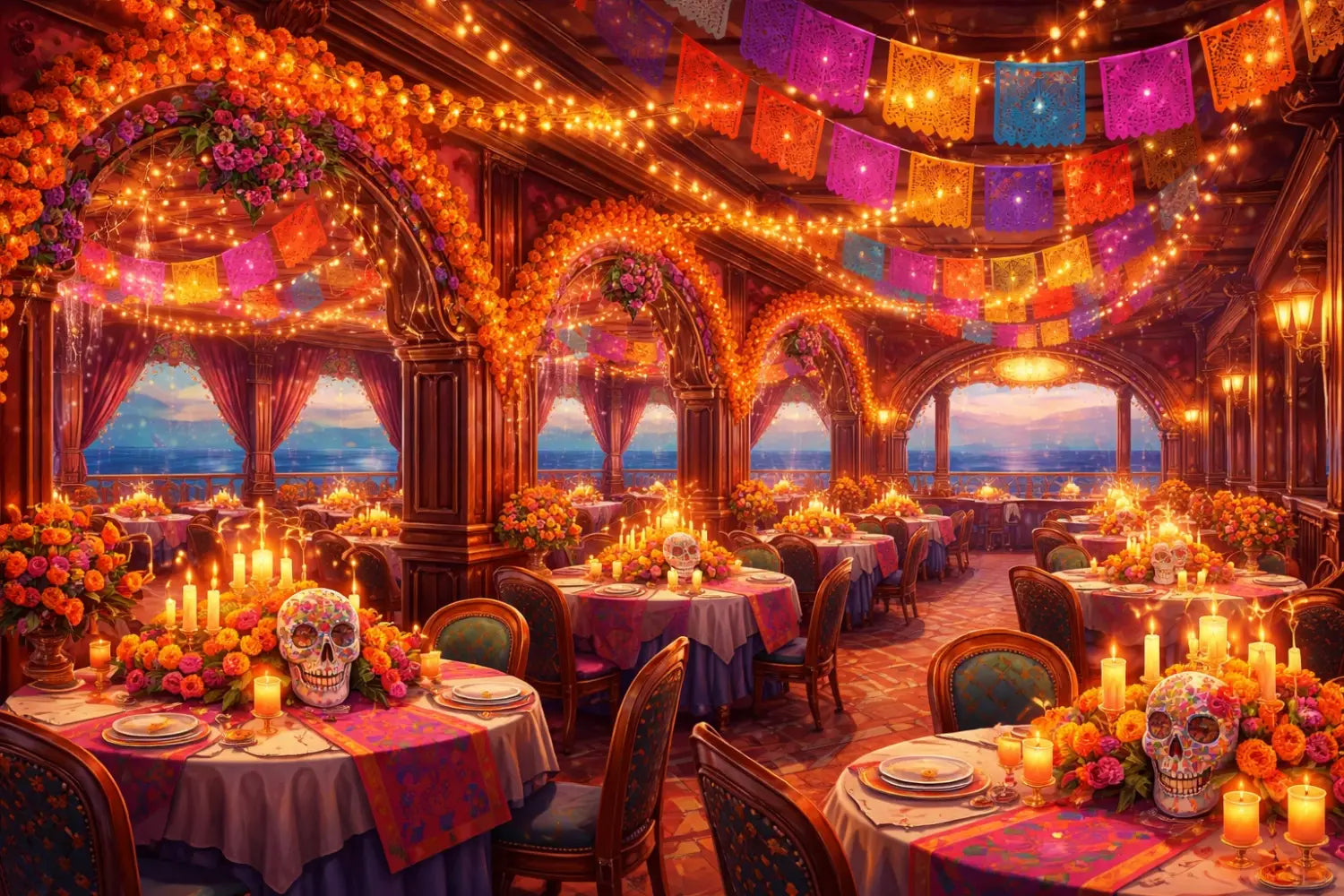 Coco-themed restaurant on Disney Treasure with marigold flowers, papel picado, and festive decor.