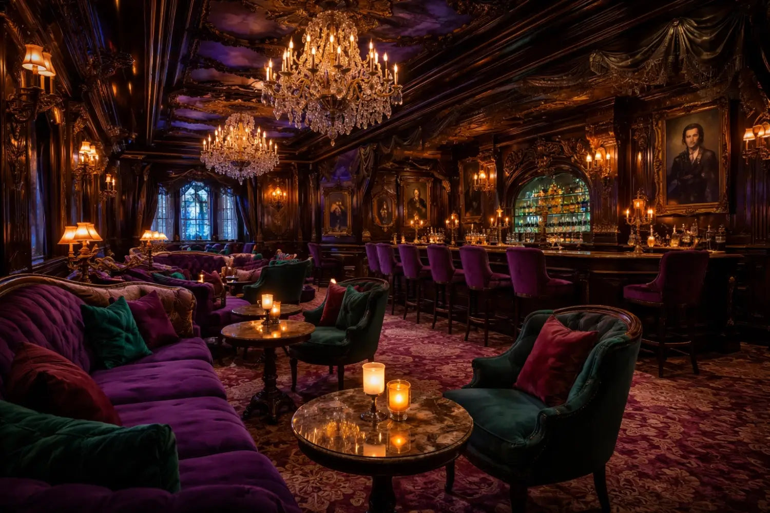 Elegant Haunted Mansion Parlor lounge aboard Disney Treasure with gothic décor and Victorian details