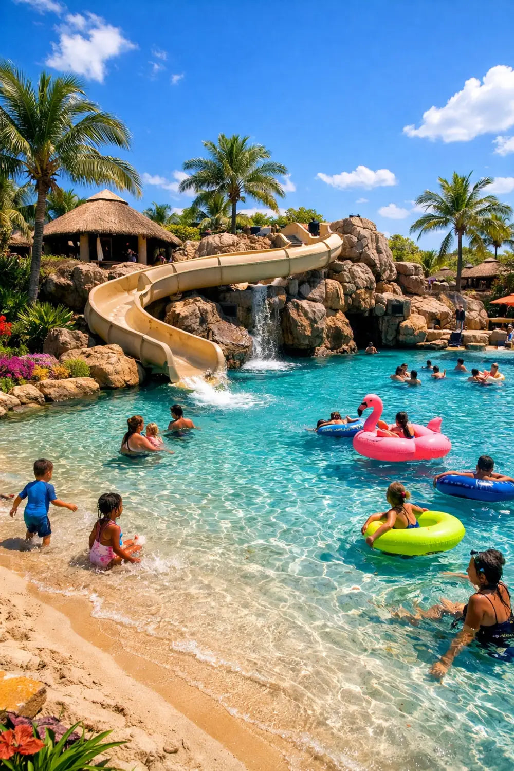 Samawati Springs Pool at Kidani Village featuring waterslide and zero-entry beach area