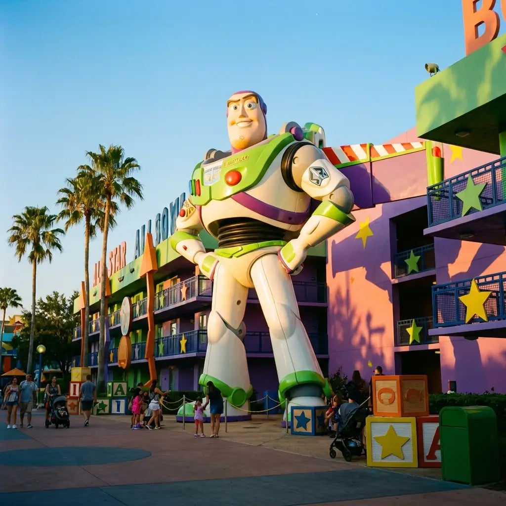 Giant Buzz Lightyear statue at Disney's All-Star Movies Resort with colorful Toy Story themed buildings