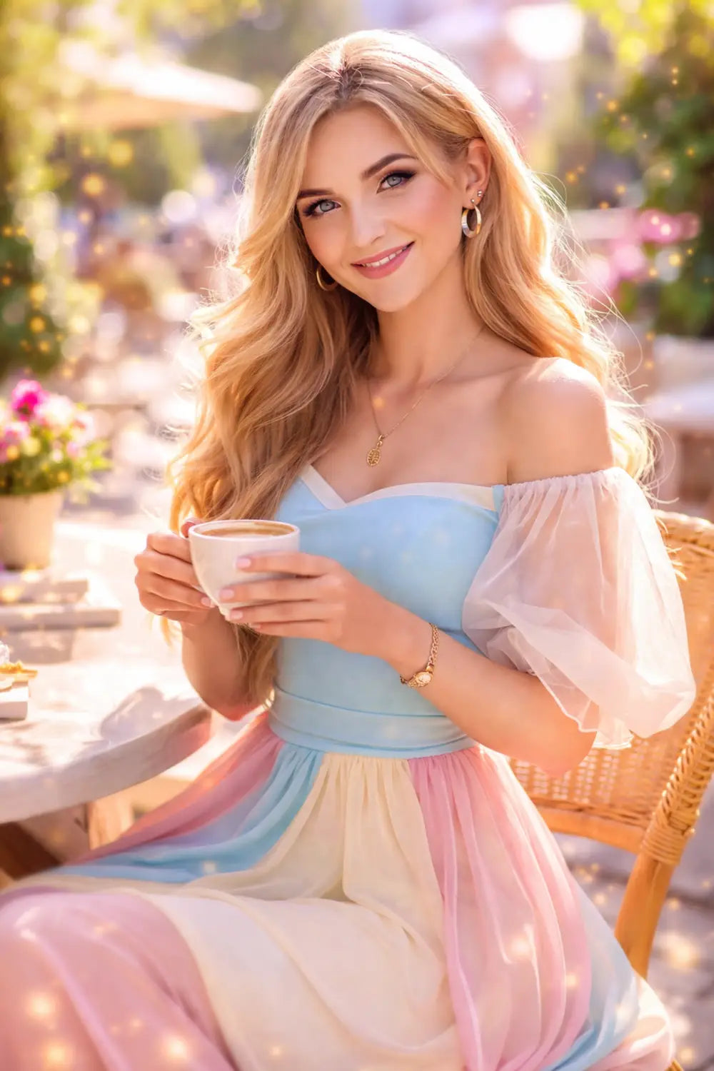 Stylish woman in a café wearing a pastel Disney Bounding outfit with gold jewelry and magical accents