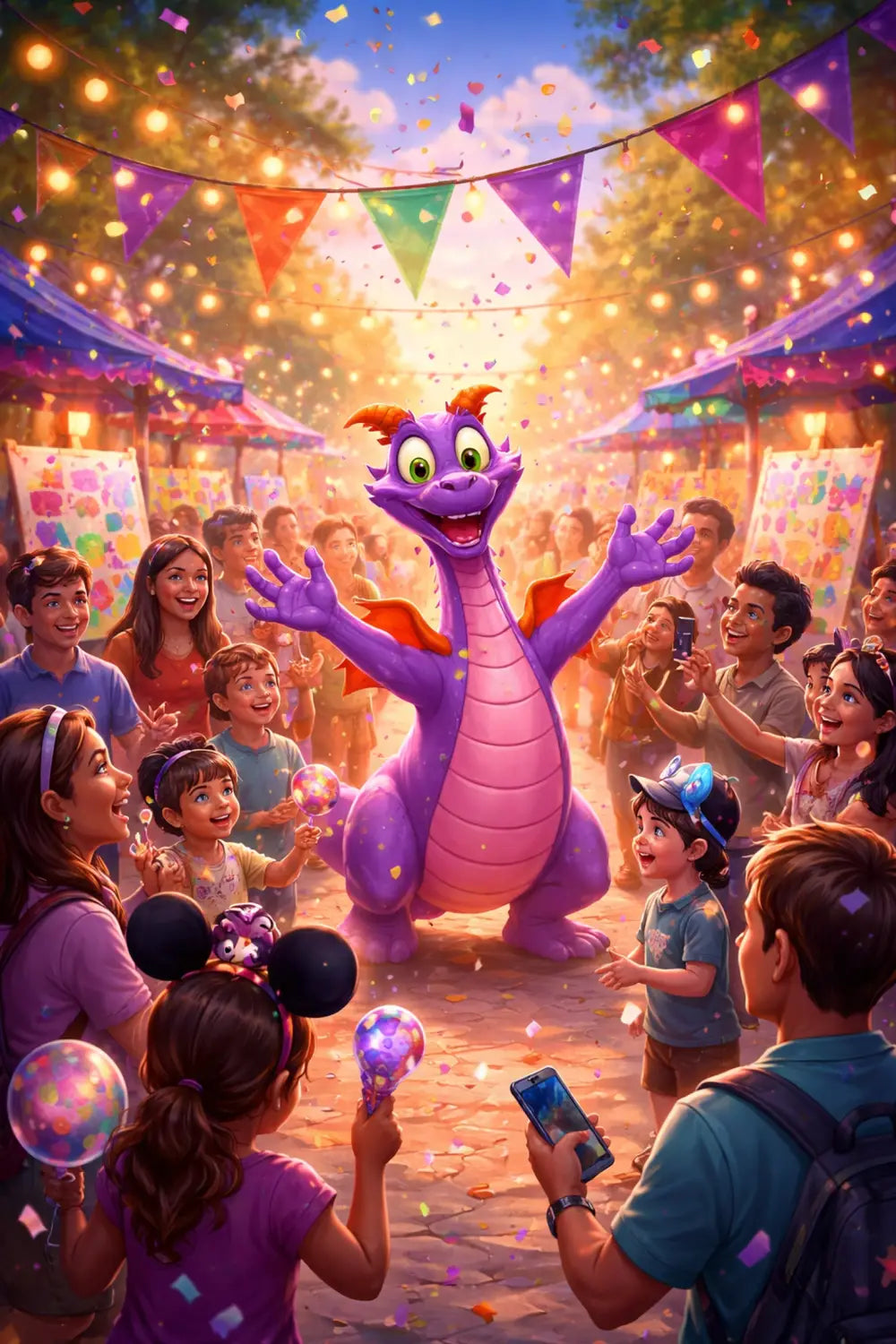 Disney park guests celebrate Figment the purple dragon at EPCOT’s colorful arts festival event.